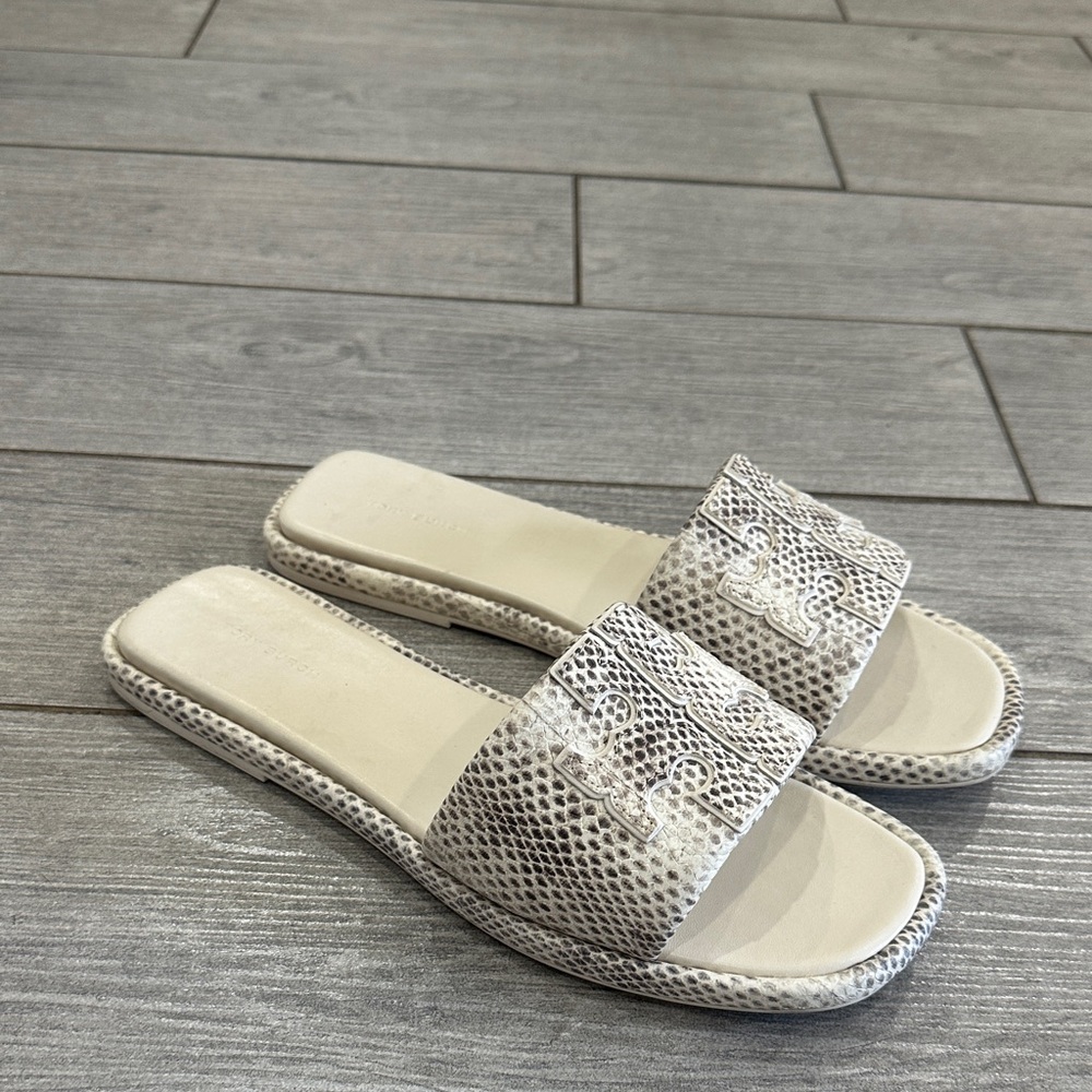 Tory Burch Double T Leather Snake Embossed Smoke Roccia Slides - Picture 2 of 9